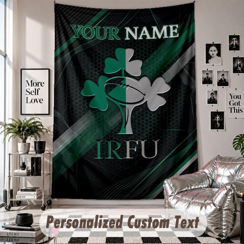 Wall Hanging Tapestry With Custom Name & Text, Ireland Rugby Decorative Tapestry For Bedroom
