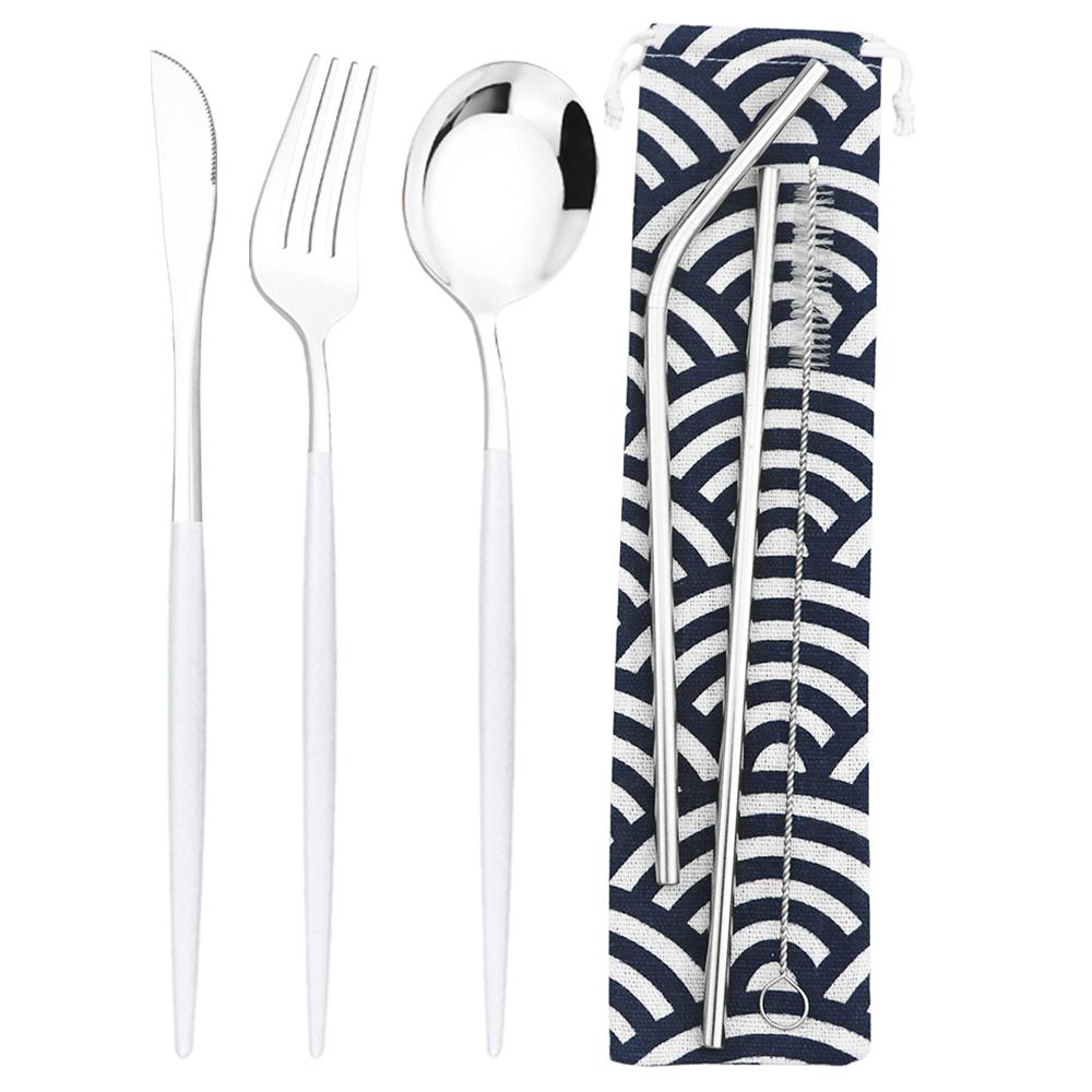 6 шт., набор столовых приборов для кемпинга, дорожный набор столовых приборов, нож, вилка, ложка, соломинка с портативной сумкой, набор посуды из нержавеющей стали