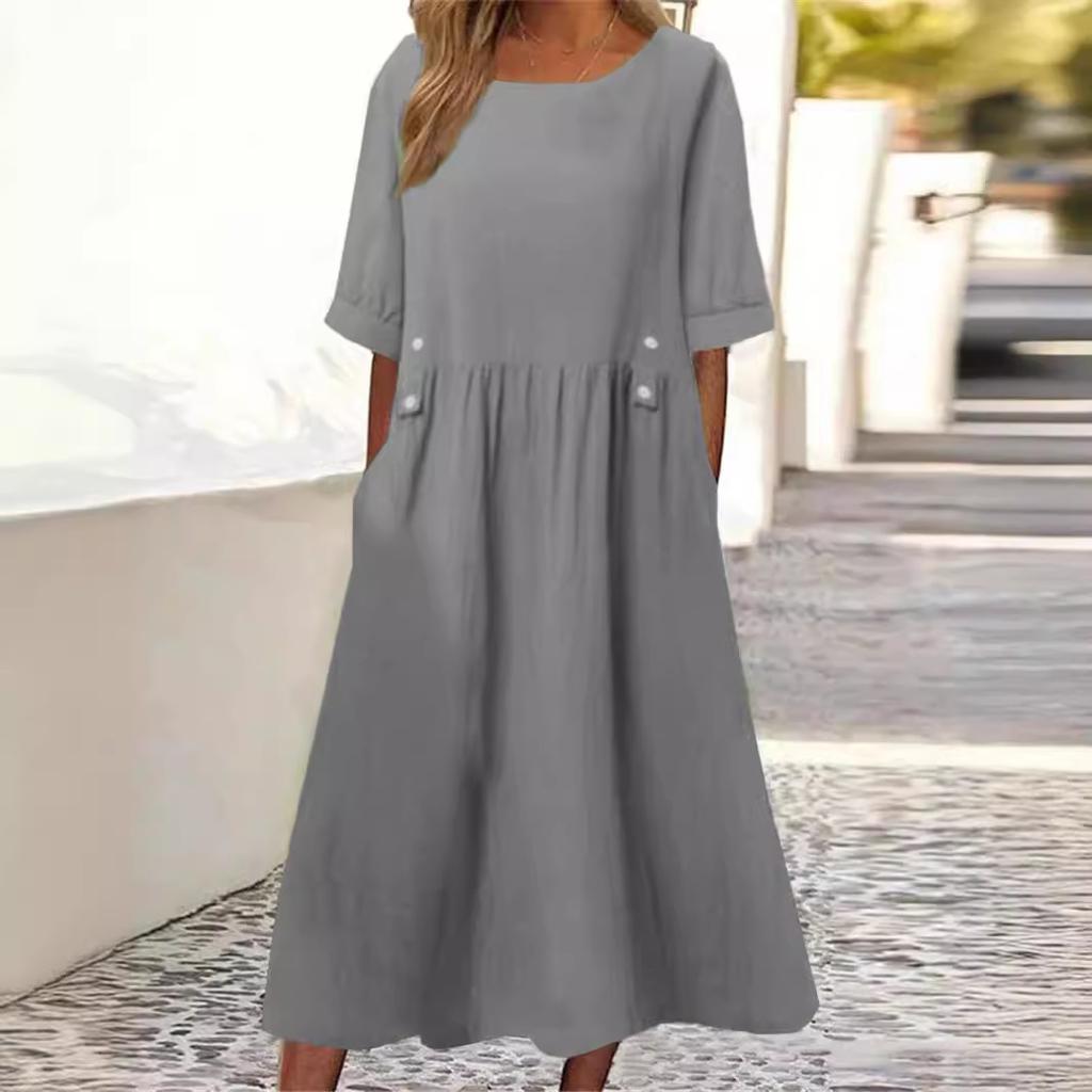 Loose Fit Dress Midi Dress with Pocket A-line Silhouette O Neckline Short Sleeves Dress