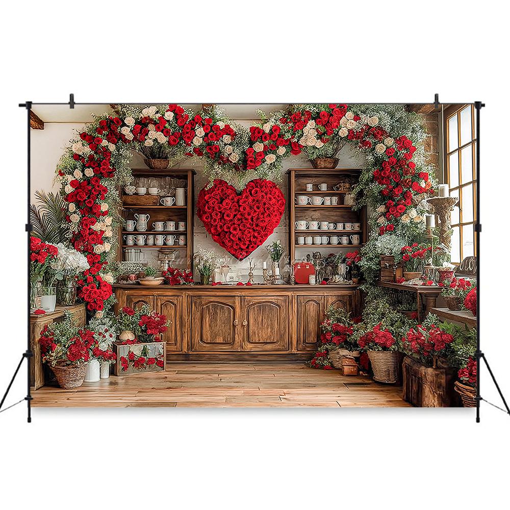 Valentine's Day red rose heart-shaped wooden cabinet banner shooting Backdrop, Valentine's Day adult portrait shooting Backdrop4