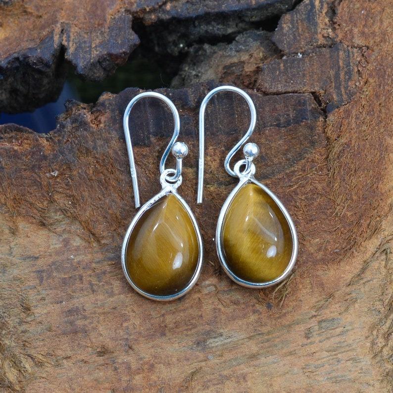 Solid 925 Sterling Silver Tiger Eye Gemstone Handmade Designer Earring Boho Earrings gift For Her