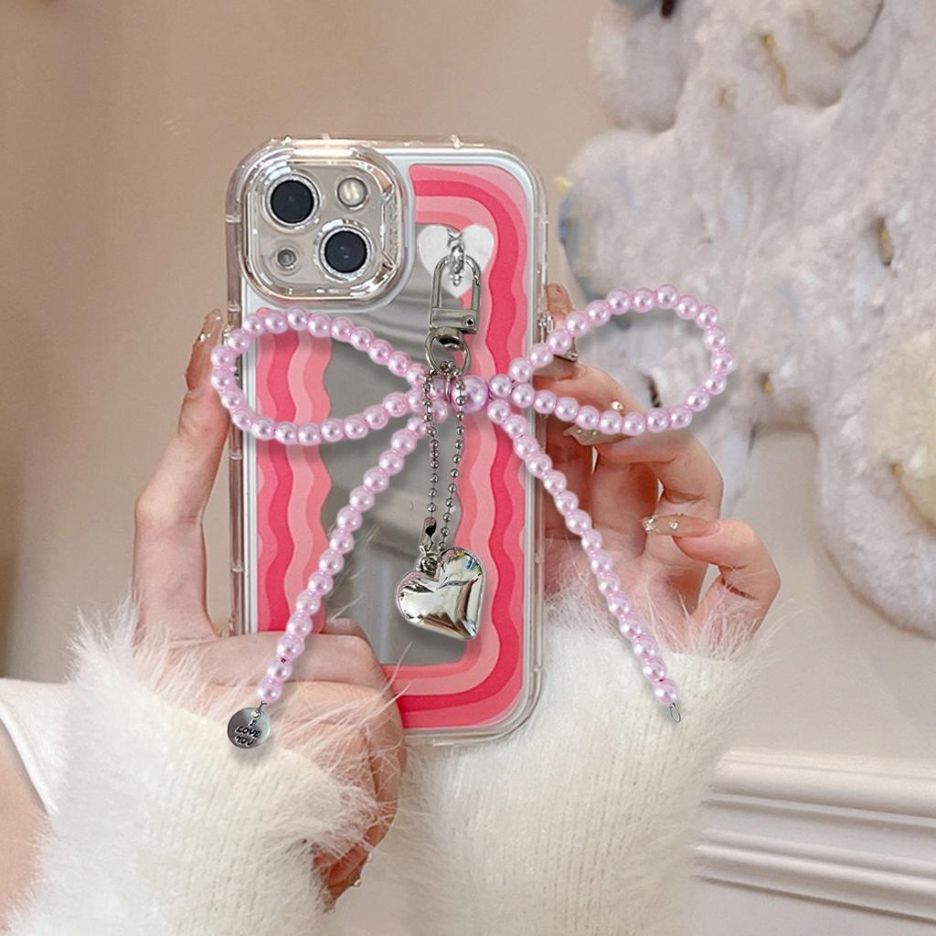 Sweet Pearls Bowknot Keychain Charm Pendant Handmade Heart Keyring for Women Fashionable Backpack Jewelry Ornament