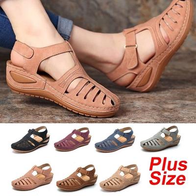 Модная женская летняя кожаная повседневная обувь на плоской подошве, нескользящие лоферы с круглой головкой, удобные сандалии на танкетке с кольцом на крючках