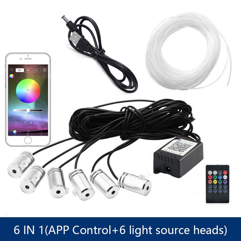 Светодиодная атмосферная подсветка для автомобиля 6 в 1, RGB, гибкая декоративная лампа 8 м, подсветка салона с управлением через приложение, светодиодная лента из оптоволокна