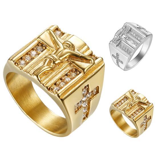 Chic Cubic Jesus Cross Carved Zirconia Inlaid Ring Unisex Wedding Jewelry Gift
