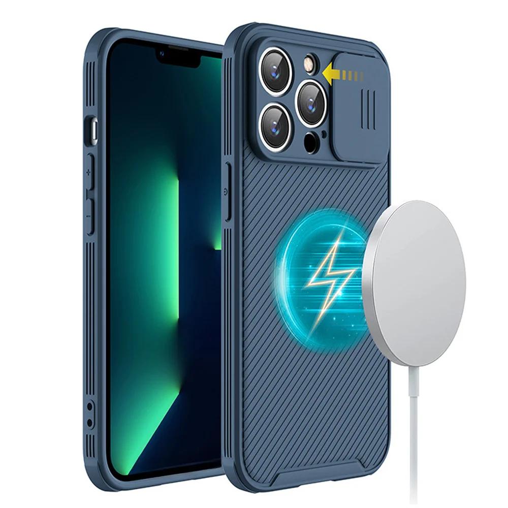 Магнитный чехол с защитой объектива камеры для iPhone 15 13 12 14 Pro Max Plus, для беспроводной зарядки Magsafe, мягкая силиконовая крышка