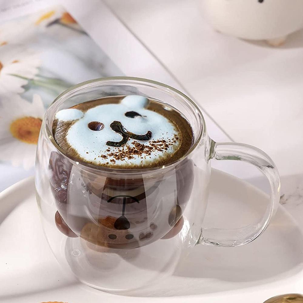 250 мл прозрачная двойная стеклянная кружка с изображением медведя, животного, кофейная кружка с изображением мультфильма, молока, сока, чая, питьевые чашки, бокалы для вина и напитков