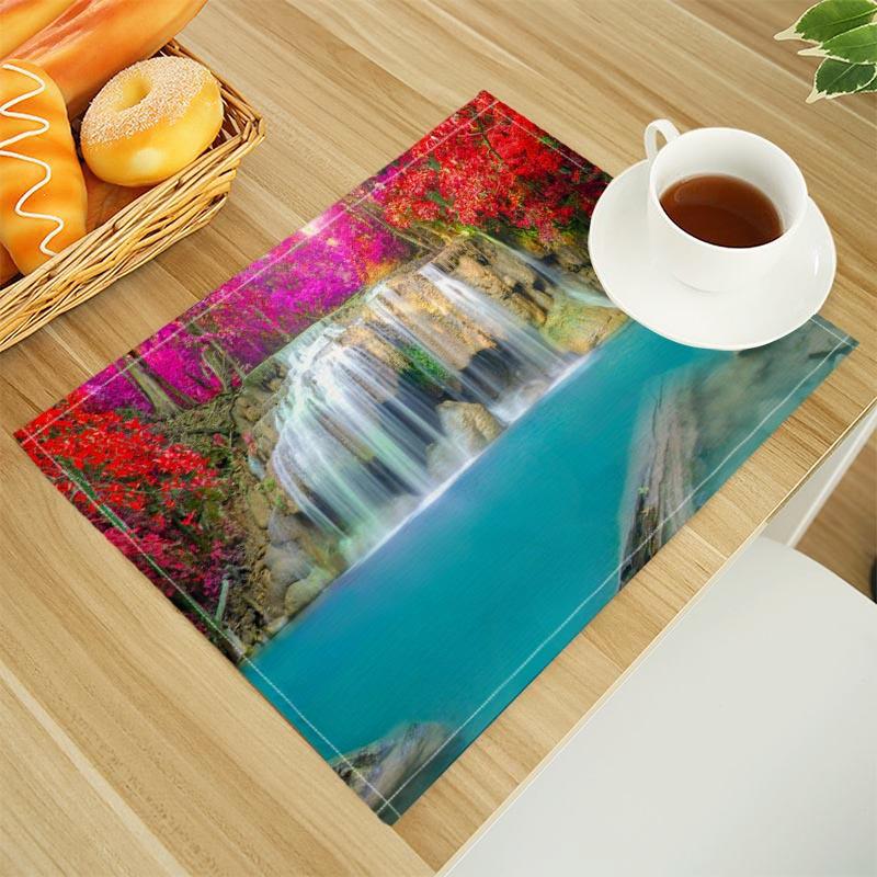 Natural Waterfall Print Linen Dining Table Mats Alphabet Kitchen Placemat 30X45cm Coasters Pads Bowl Cup Mat