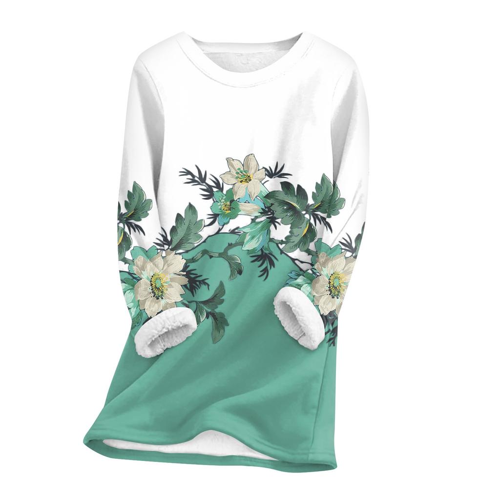 Женский топ с круглым вырезом и принтом из утолщенного плюша и кашемира, теплый длинный топ