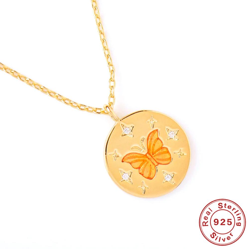 S925 стерлингового серебра Wind Круглый бренд бриллиантовая оправа Fun Butterfly Drop Oil Youth Vitality Clavicle Chain Дамское ожерелье