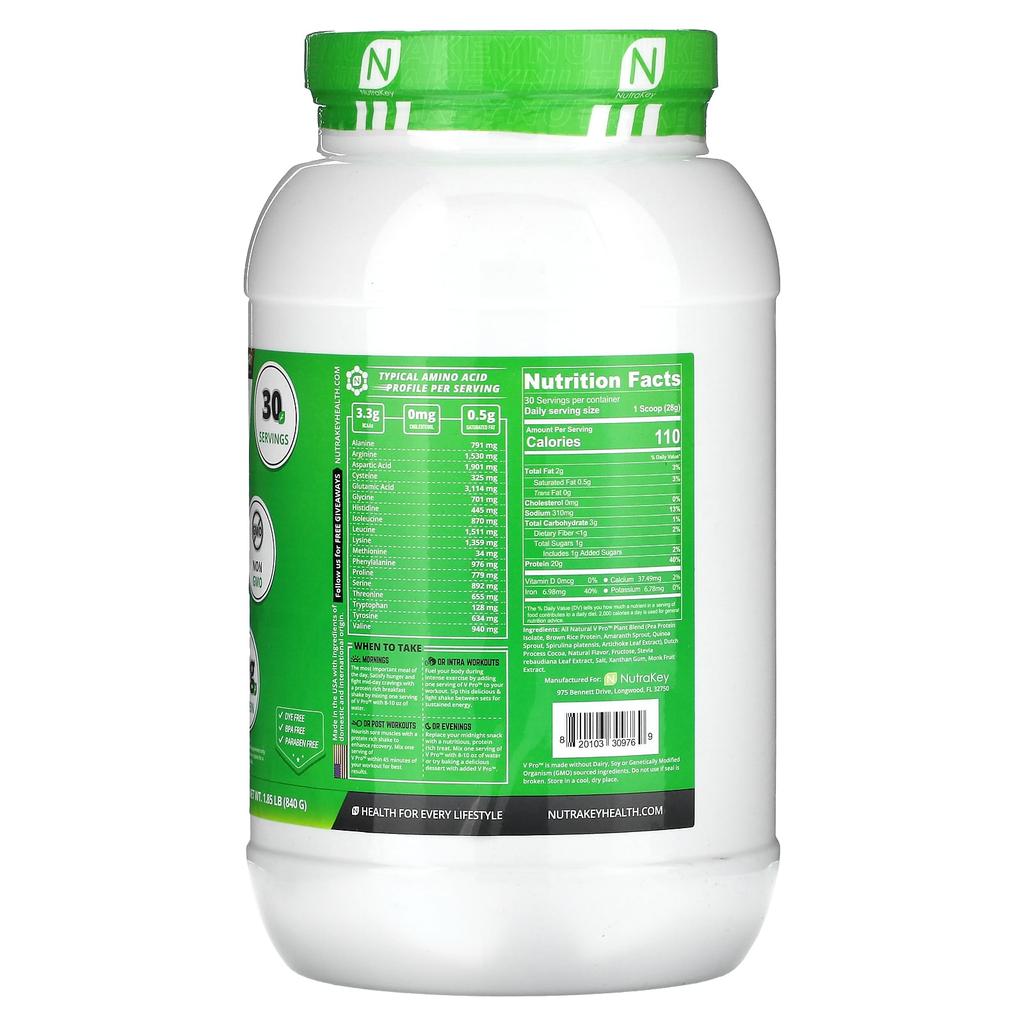 Nutrakey V Pro, Raw Plant Protein Mix, Chocolate Bar, 1.85 Lb (840 G)
