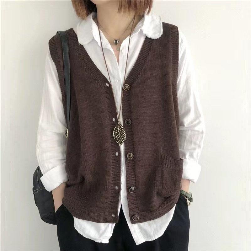 Vintage Arts Style Knitted Vest Female Solid Color Sleeveless Button V-Neck Waistcoat Women Casual Loose Knitwear Coats