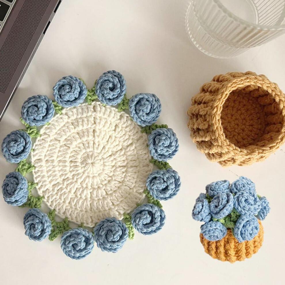 Rose Bouquet Crochet Coaster-Pink white rose with planter kit