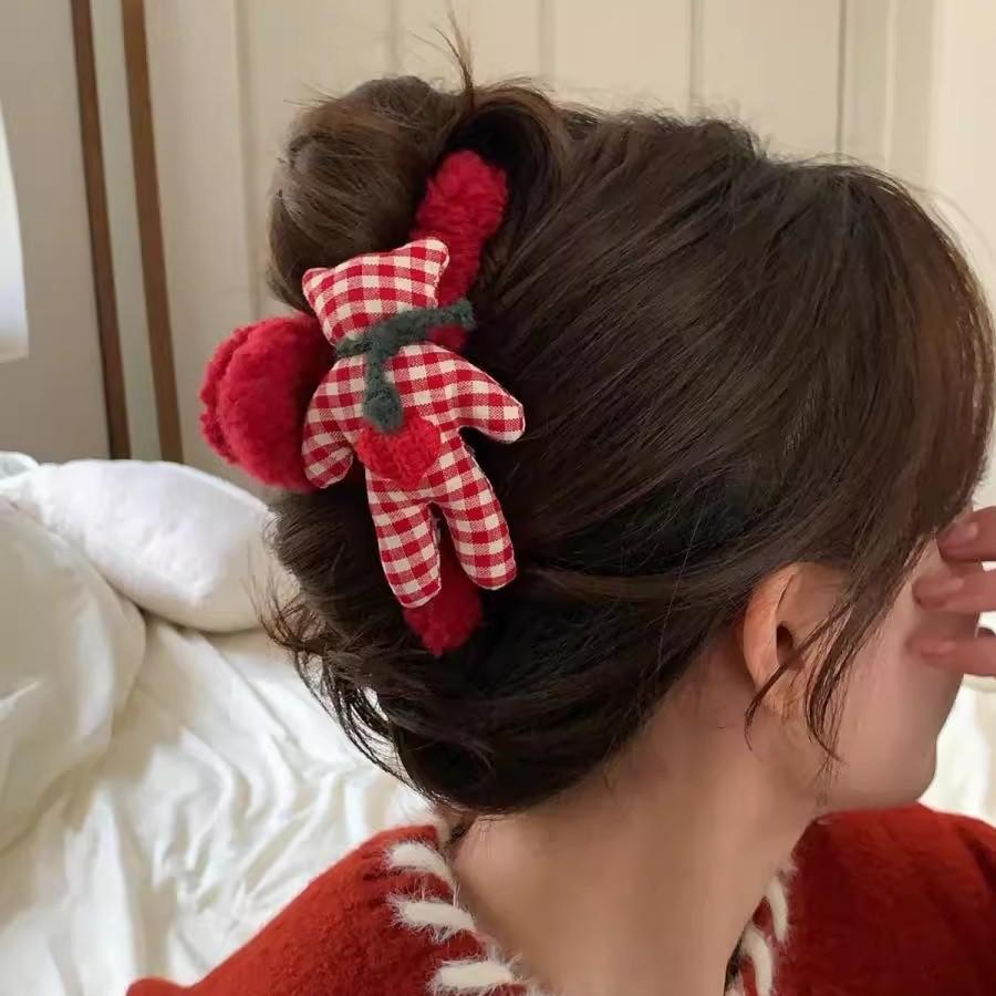 Red Plaid Teddy Bear Fuzzy Claw Clip - Winter Hair Accessory