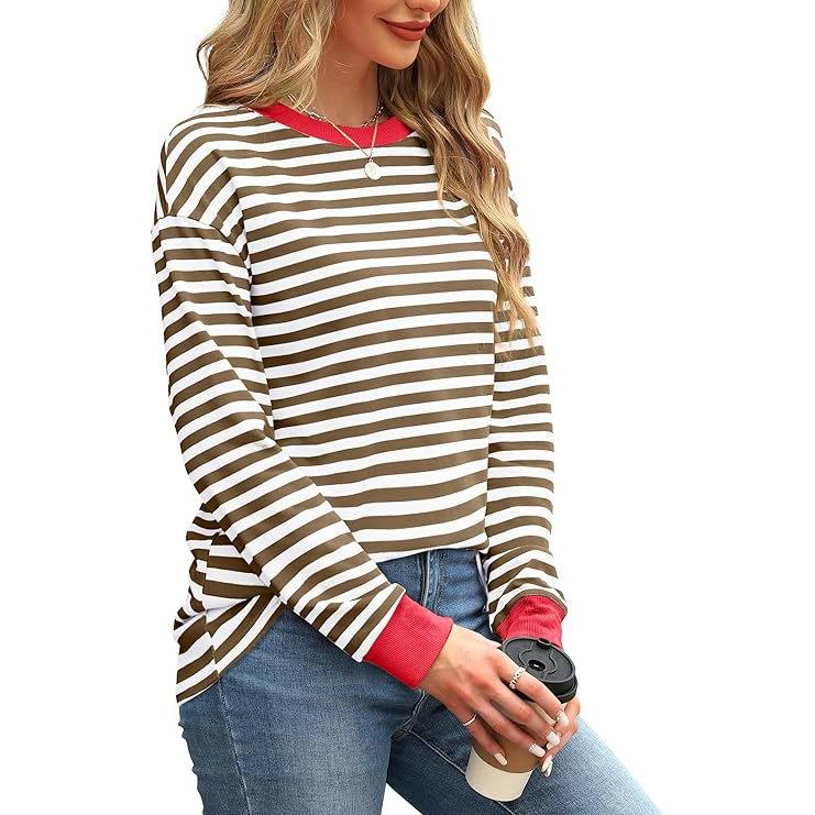 Женская нижняя рубашка осень-зима новая мода контрастного цвета свободный круглый вырез полосатый топ с длинными рукавами