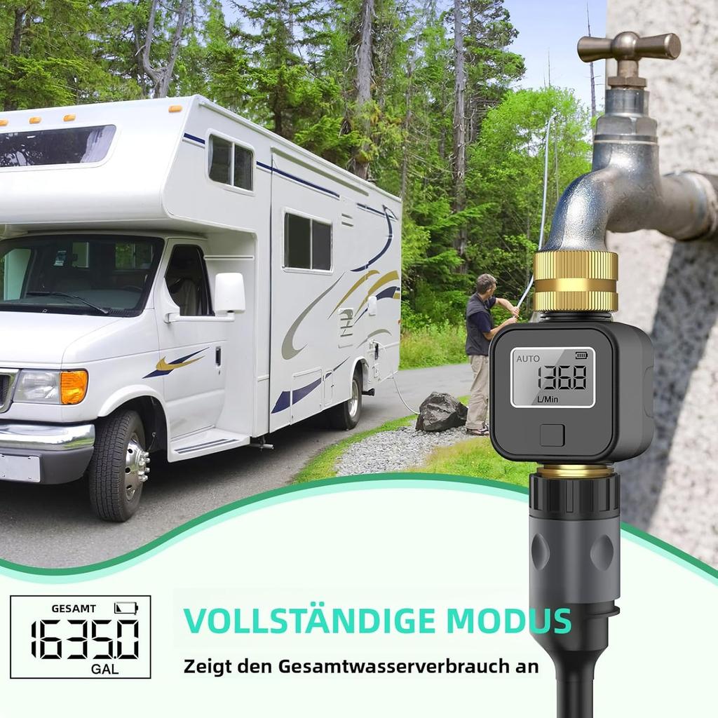 Water Meter with Brass Head Inlet and Outlet, Measures Gallon Consumption and Flow Rate for Filling RV Water Tanks, Watering Outdoor Garden Hoses