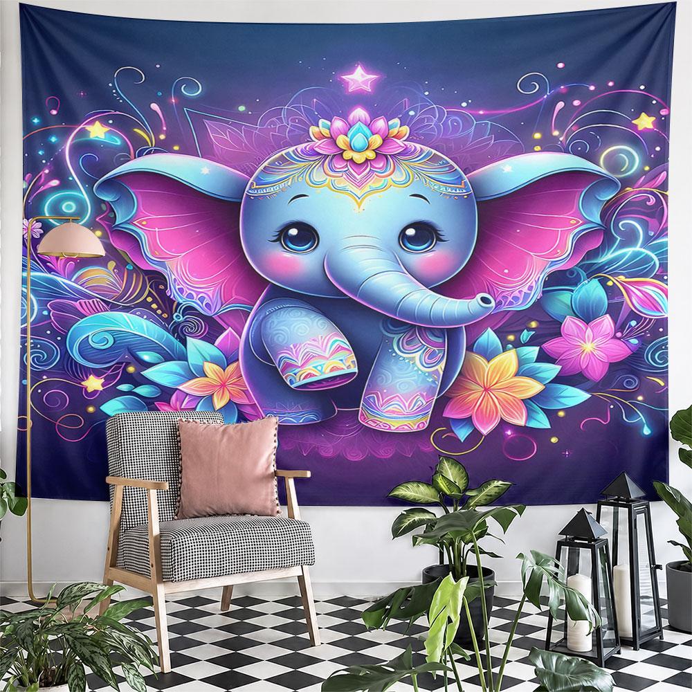 Cute Colorful Elephant with Floral Design Pattern Wall Hanging Tapestry Decorative Tapestry Home Decor for Bedroom and Living Room