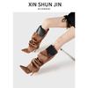 Willow Nail Buckle Splicing Two Wear Stiletto Denim Pleated Pile Boots Female Personality Spice Girl Fashion Boots Female