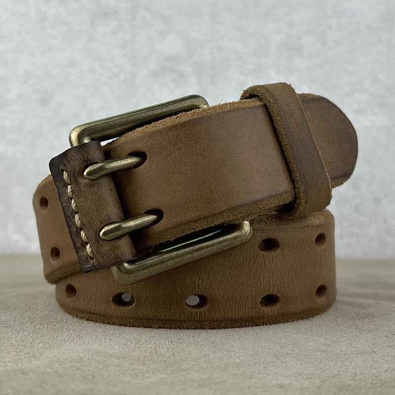Мужской ремень из натуральной кожи с двойной медной пряжкой, ретро, первый слой, из натуральной коровьей кожи, американский полый ремень