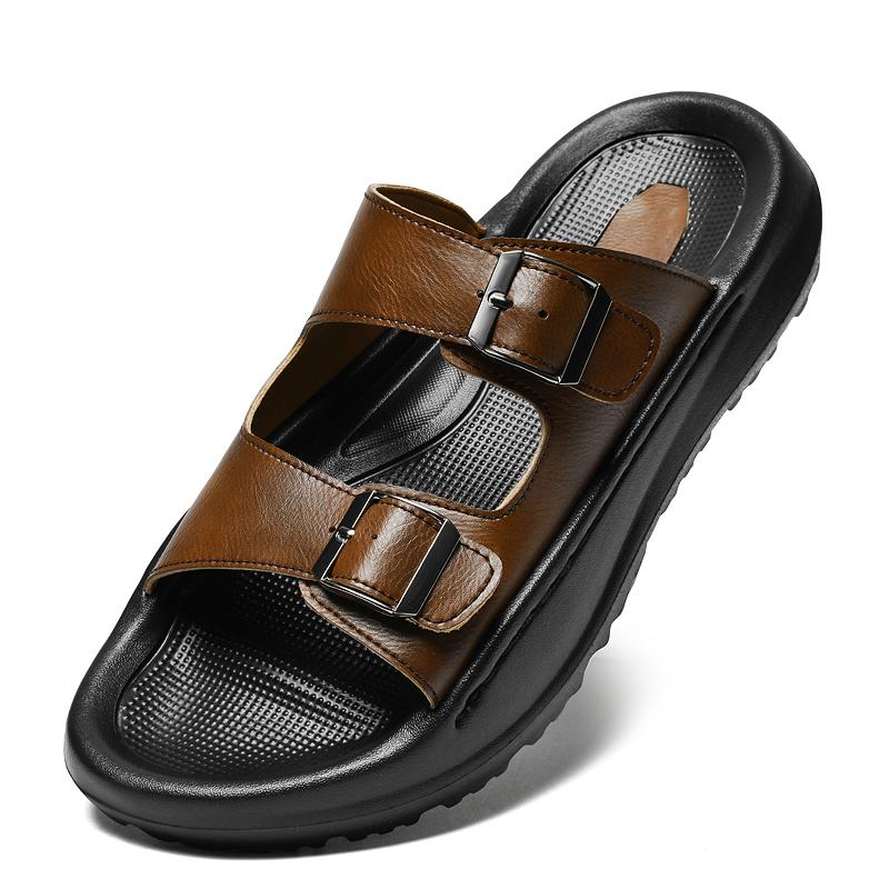 Fashion New Arrival Men's Casual Leather Slippers Sandals Adjustable Straps Half Drag Summer Slides Non-Slip Sole Male Wading Aqua Shoes