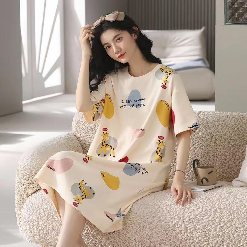 2024 Women's Cute Cartoon Summer Short-Sleeve Nightdress, Thin Large Size, Indoor/Outdoor Wear