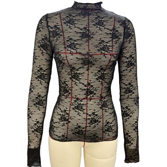 Женские прозрачные сетчатые кружевные топы Сексуальная рубашка с цветочной вышивкой и длинным рукавом Базовые топы Универсальные просвечивающие