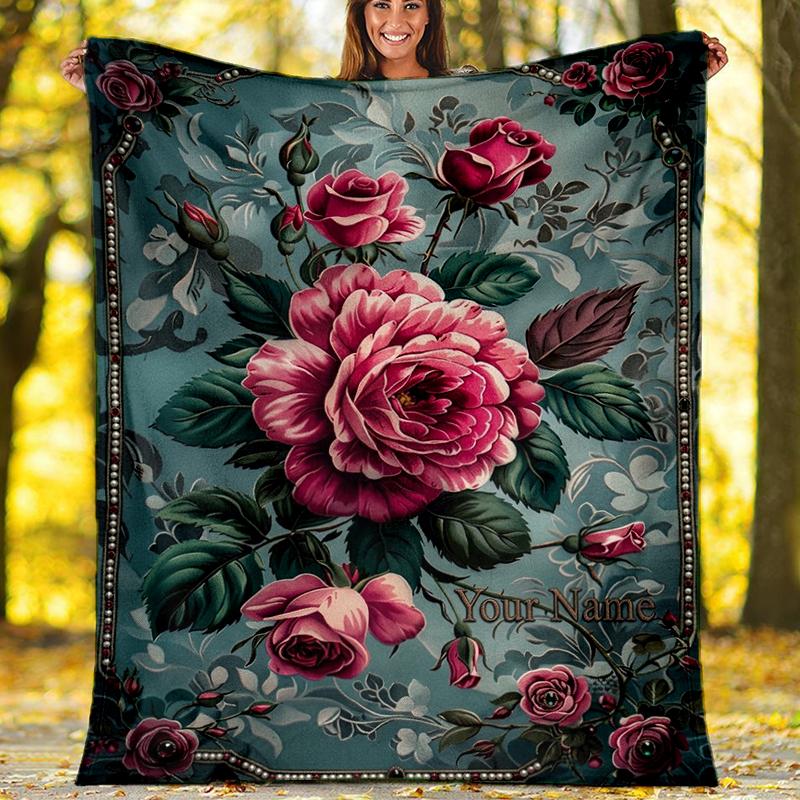Custom Name Vintage floral art. Flannel Fleece Blanket Cozy Warm Throw Blanket For Couch Bed Travel All Season Use