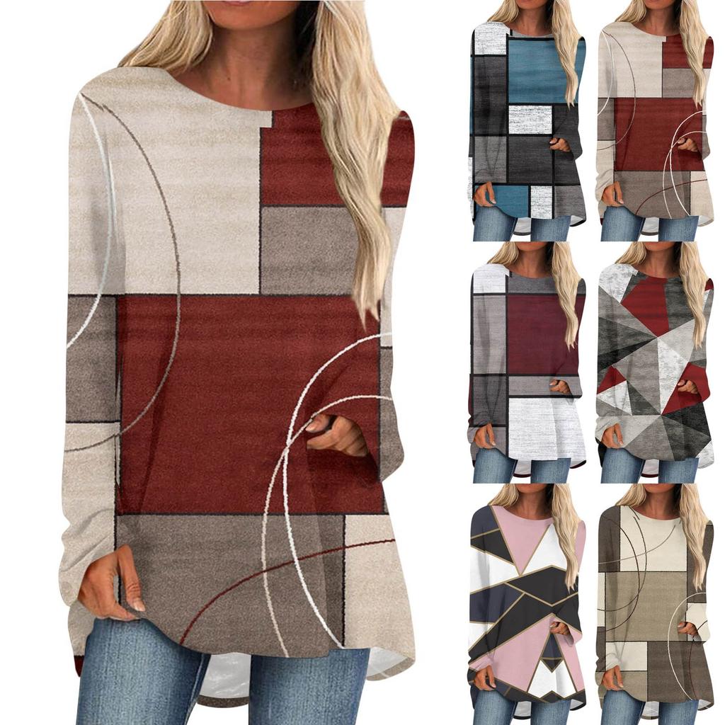 Women's Fashion Casual T-shirt Printing Long Sleeve Round-neck Medium Long Top