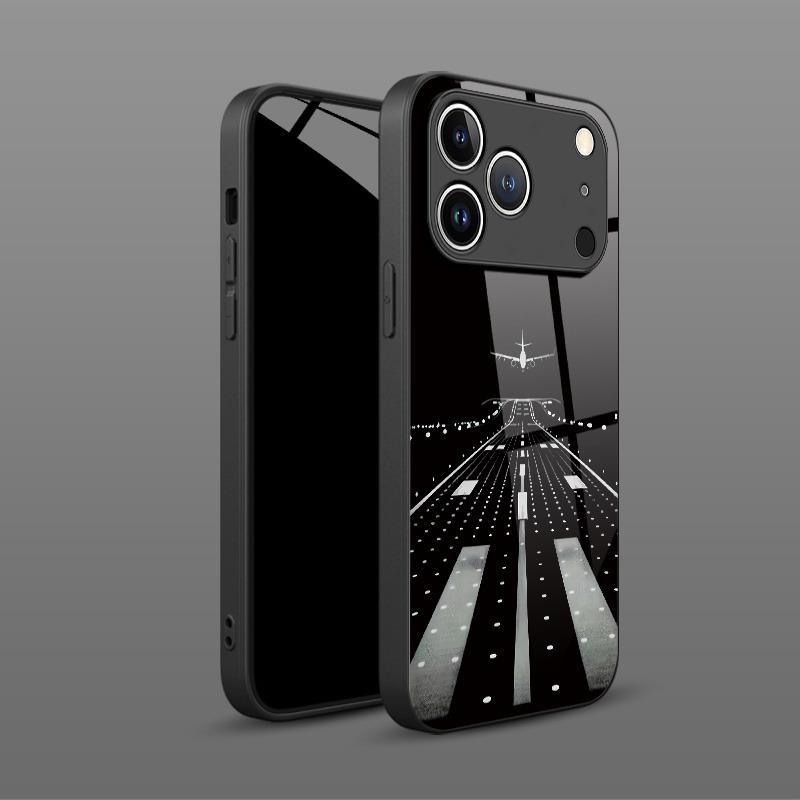 Ночной вид Взлетно-посадочная полоса Самолет Закаленное стекло Черный чехол для телефона Для iPhone 11 12 13 14 15 16 17 Pro Max 17 Air 7 8 Plus XS X XR Чехол