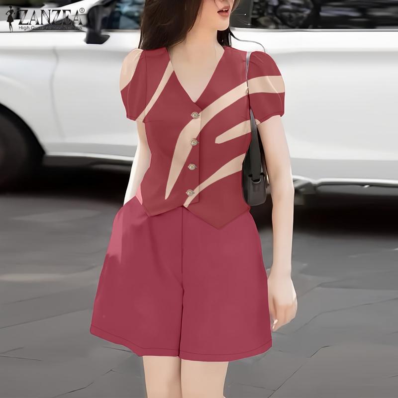 ZANZEA Женский летний комплект из двух частей: блузка с коротким рукавом и шорты с принтом