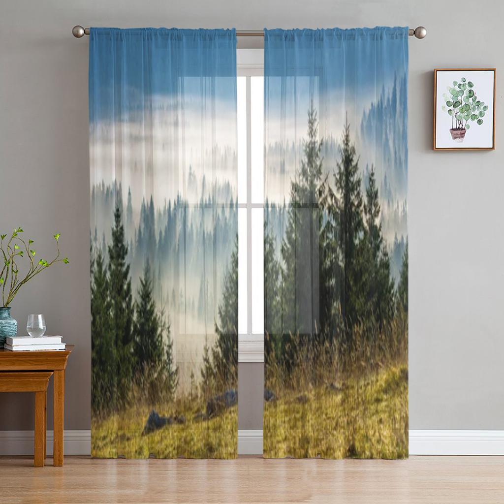 Альпийский пейзаж с вершинами, покрытыми снегом и облаками, прозрачные тюлевые шторы для гостиной, кухни, декор, вуаль, занавеска из органзы