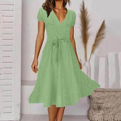 Женское платье миди с коротким рукавом, весна-лето, бохо, платье с принтом в горошек, повседневное, свободное, с V-образным вырезом, со шнуровкой, для пляжной вечеринки, свадьбы