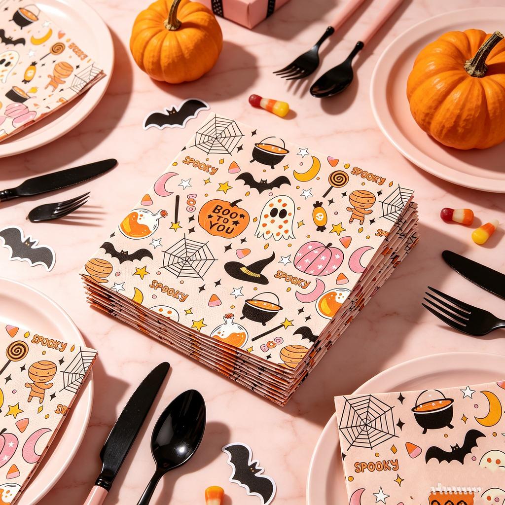 5 Bags Halloween Printed Paper Napkins Disposable Cute Pumpkin Ghost Tableware Party Dinner Serviettes