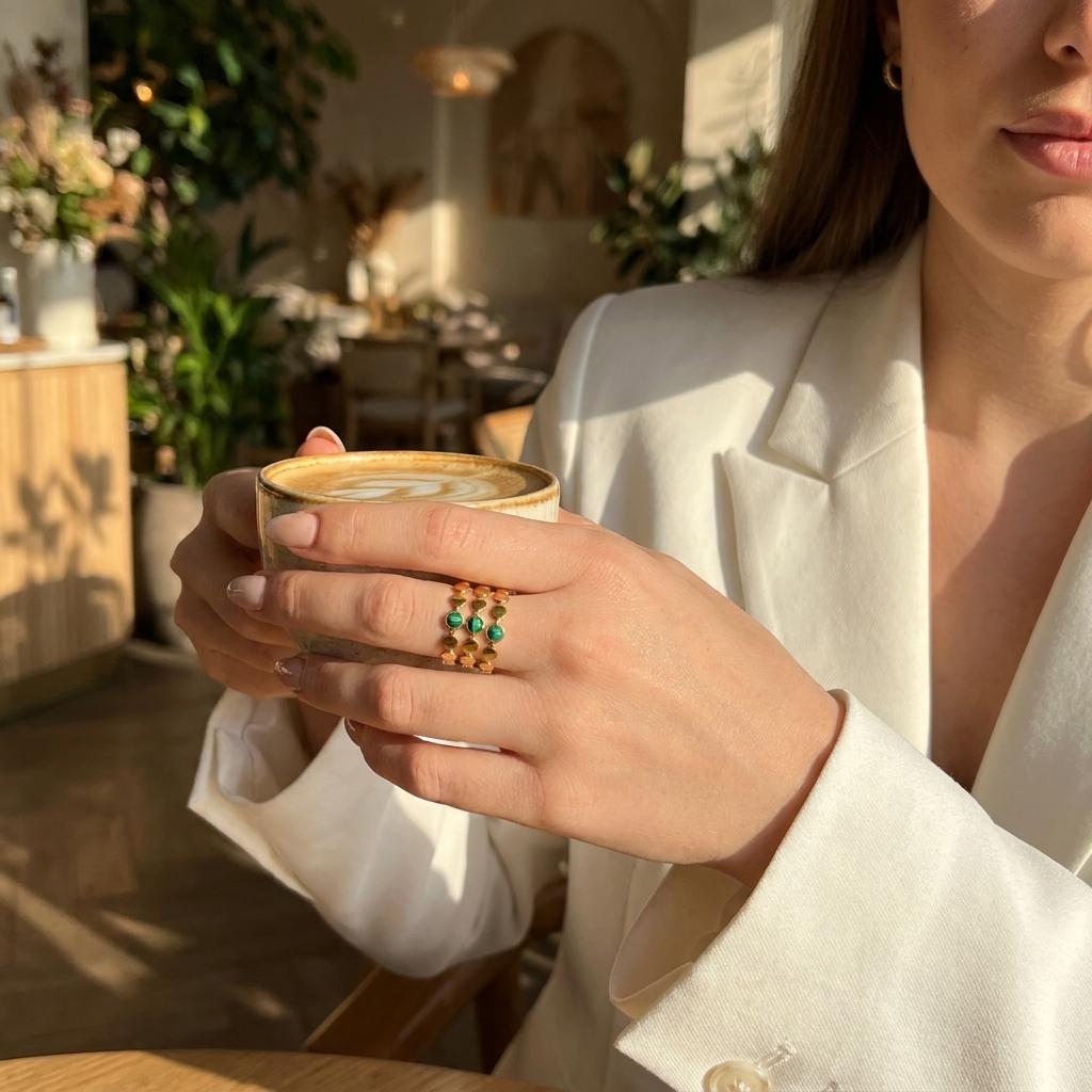 Retro Engraved Radiant Green Veined Stone Ring for Women Stainless Steel Antique Gold Chunky Wide Band Boho Jewelry