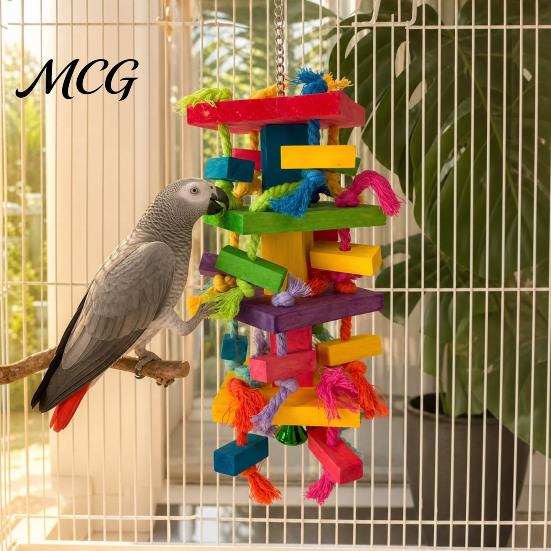 Cotton Rope Bird Toy Parrot Chewing for Macaws African Greys, Colorful Wooden Block Puzzle with Multi-layer Tassels, Hanging Interactive Activity