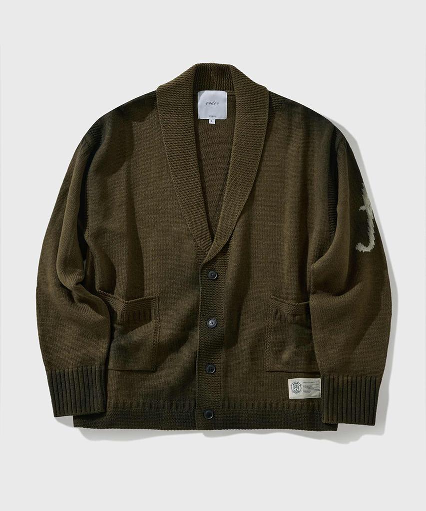 Ffeff Studio Vintage Washed Ffeff Logo Shawl Collar Cardigan (Khaki)