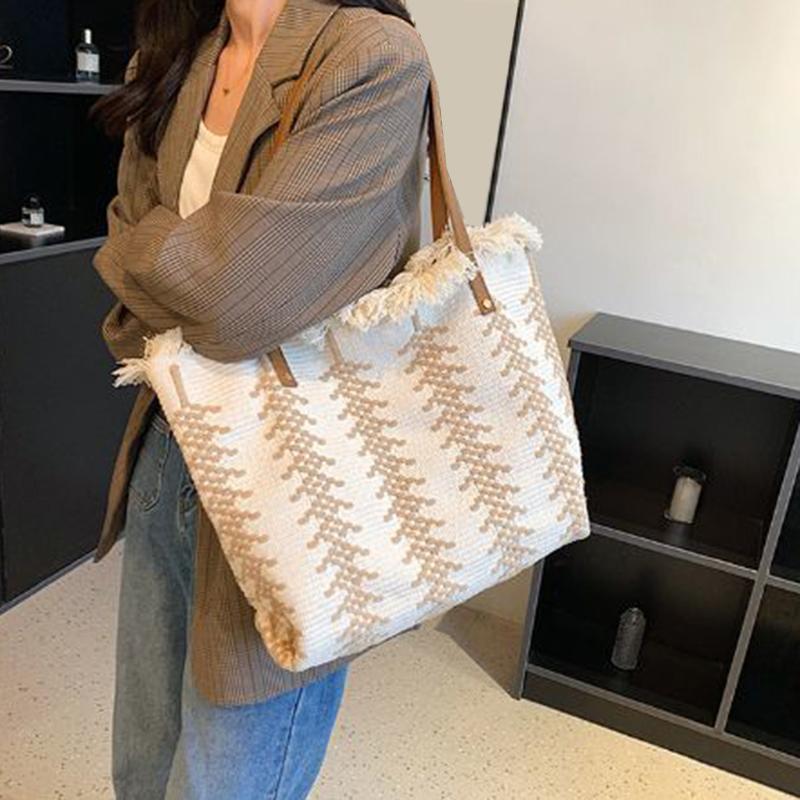 Женская летняя сумка с кисточками, большая вместительная сумка на плечо, модная вязаная пляжная сумка-тоут с ручкой сверху