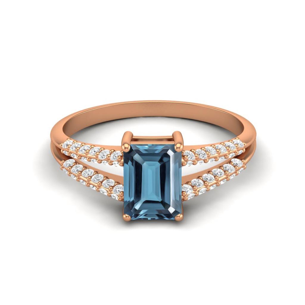 7X5MM Octagon London Blue Topaz Gemstone 925 Sterling Silver Rose Plated Solitaire Split Shank Women Wedding Ring