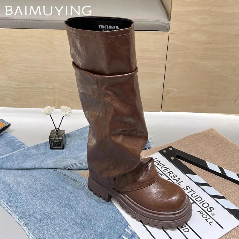 Женские высокие сапоги на платформе из натуральной кожи, модные туфли до колена и на среднем каблуке, тренд 2025 года, готические зимние мотоциклетные ботинки для женщин