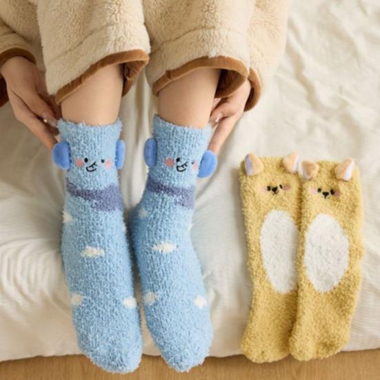 1 пара носков для сна, мультяшный дизайн с животными, утолщенные теплые зимние носки из кораллового флиса, средней длины, нескользящие, для дома, зимние