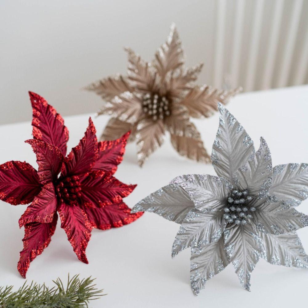 New Fabric Plastic Christmas Artificial Flowers 25cm DIY Decoration Fake Flower Ornaments Glitter Poinsettia Xmas