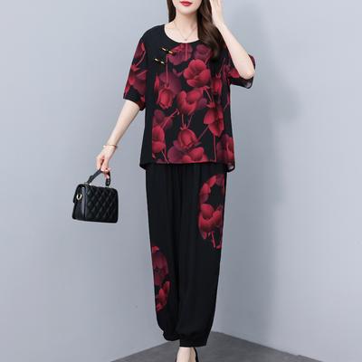 Элегантные комплекты больших размеров для женщин, комплекты из 2 предметов, летние повседневные свободные брюки, женская одежда среднего возраста