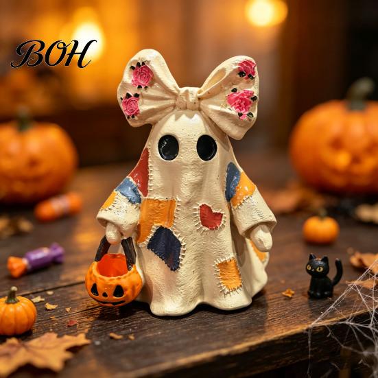 Holding Lantern Ghost Figurine Halloween Lighted Patchwork Figurine, Light-Up Bow with Pumpkin Decoration Lamp Lantern, Ghosts for Holiday Party Warm