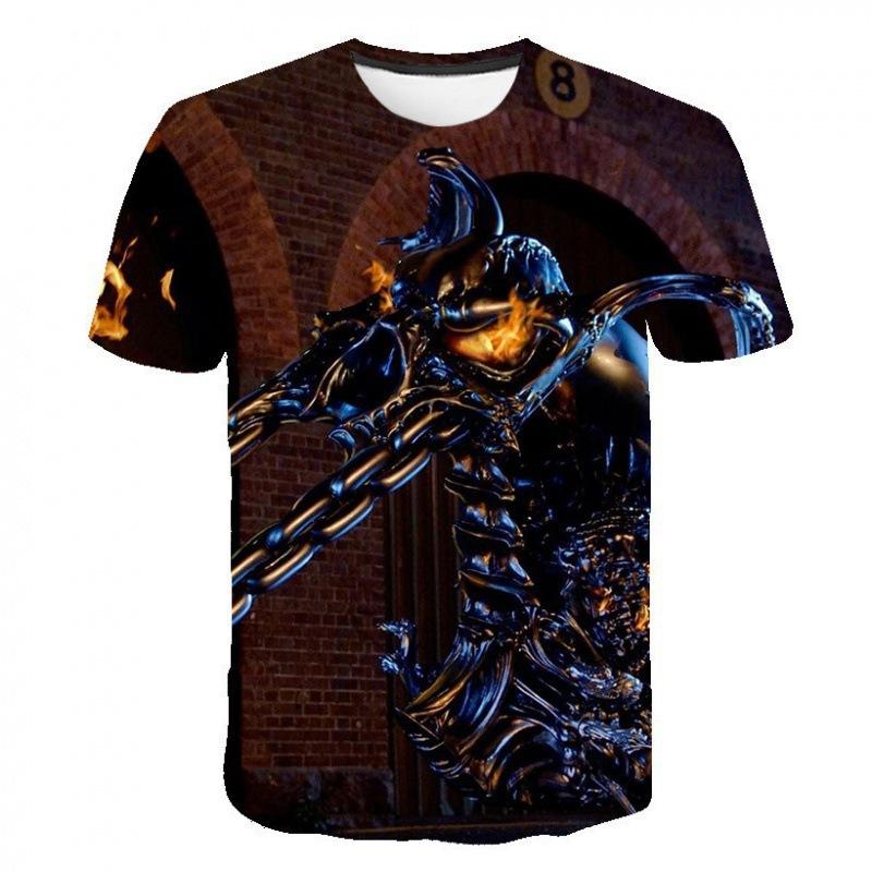 Evil Knight Skull Printed Short Sleeved T-shirt with Flame Pattern Skull Personalized Clothes for Men