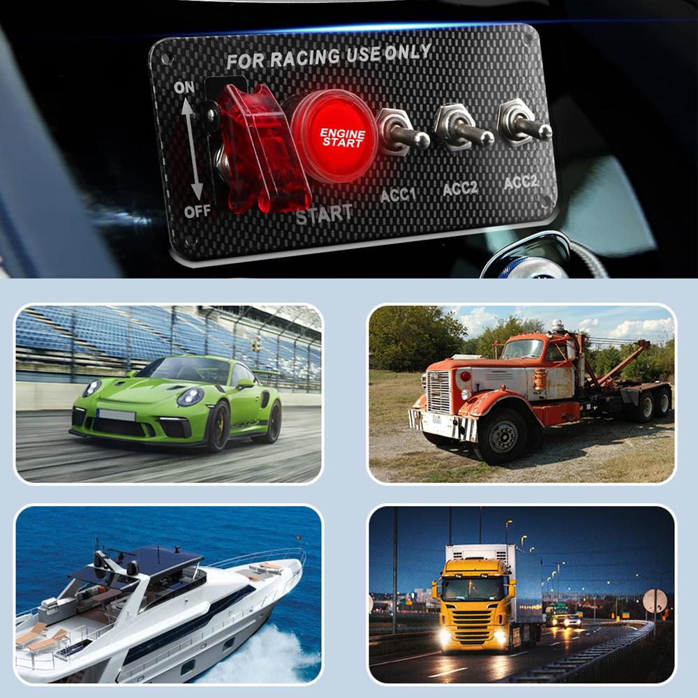 True Carbon Fiber 12V Racing Car Ignition Switch Panel Engine Start Stop Ignition Push Buttons LED Toggle Switch Panel