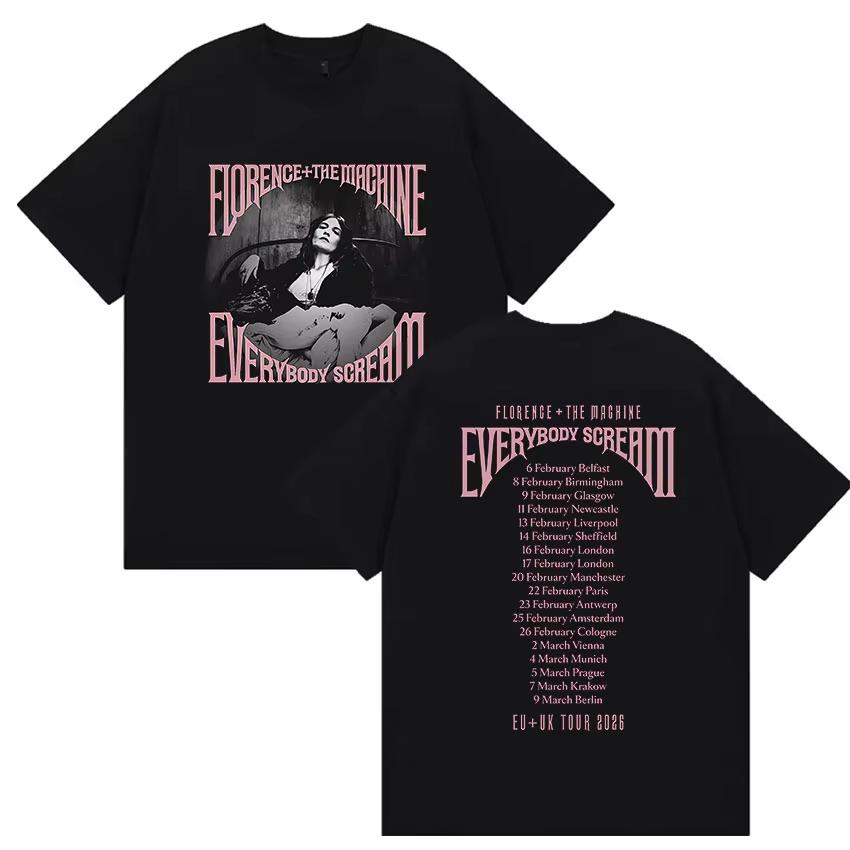Рок Florence The Machine Everybody Scream Тур 2026 Графическая Футболка Унисекс Женская Винтажная Чистый Хлопок Топ с Коротким Рукавом Уличная Одежда