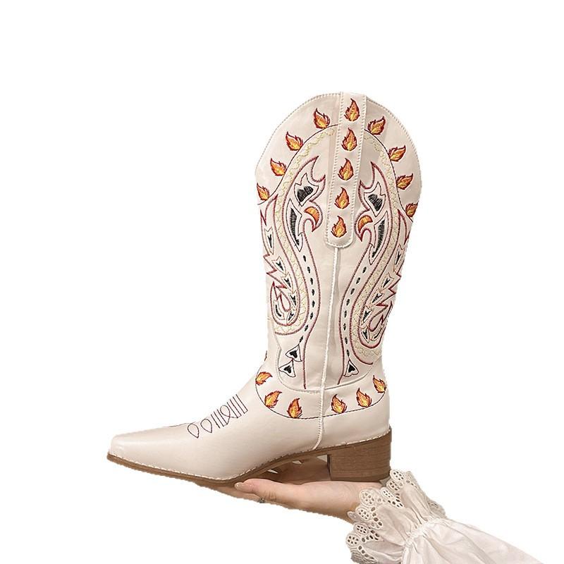 Western Cowboy Boots Embroidered Retro Square Head Tall Boots Thick Heel High Heel Medium Boots Bohemian Knight Boots Long Boots