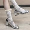 Silver Mary Jane Single Shoes Women's 2025 Summer Thick Heel Temperament Versatile with Skirt High Heel Single Shoes Small Leather Shoes