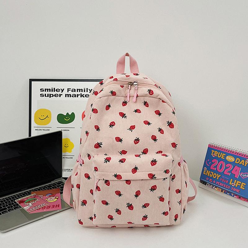 Вельветовый рюкзак с клубникой, повседневный дорожный рюкзак, большая вместимость, модный подростковый рюкзак, регулируемый ремешок для путешествий на открытом воздухе AVE