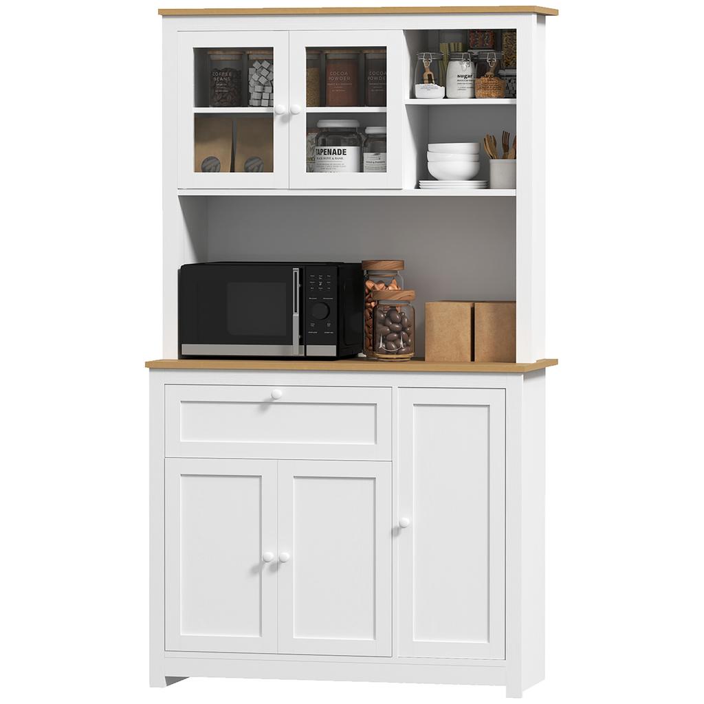 Kitchen Cabinet in Country House Style, 1 Display Cabinet, 1 Open Shelf, 1 Drawer, 2 Cabinets, Natural + White